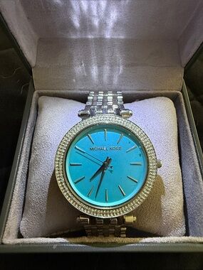 Michael Kors Silver Watch with Turquoise Dial and Crystal Bezel